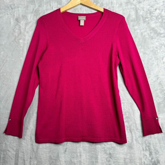 Chicos Sweater Womens Small Pink V Neck 3/4 Raglan Sleeve Rhinestone Thin Knit - Picture 1 of 11
